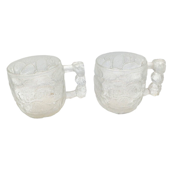 (2) McDonald's Flintstones Cups 1993 Collectible Glass Mug Bedrock Stone Handles - Picture 5 of 12